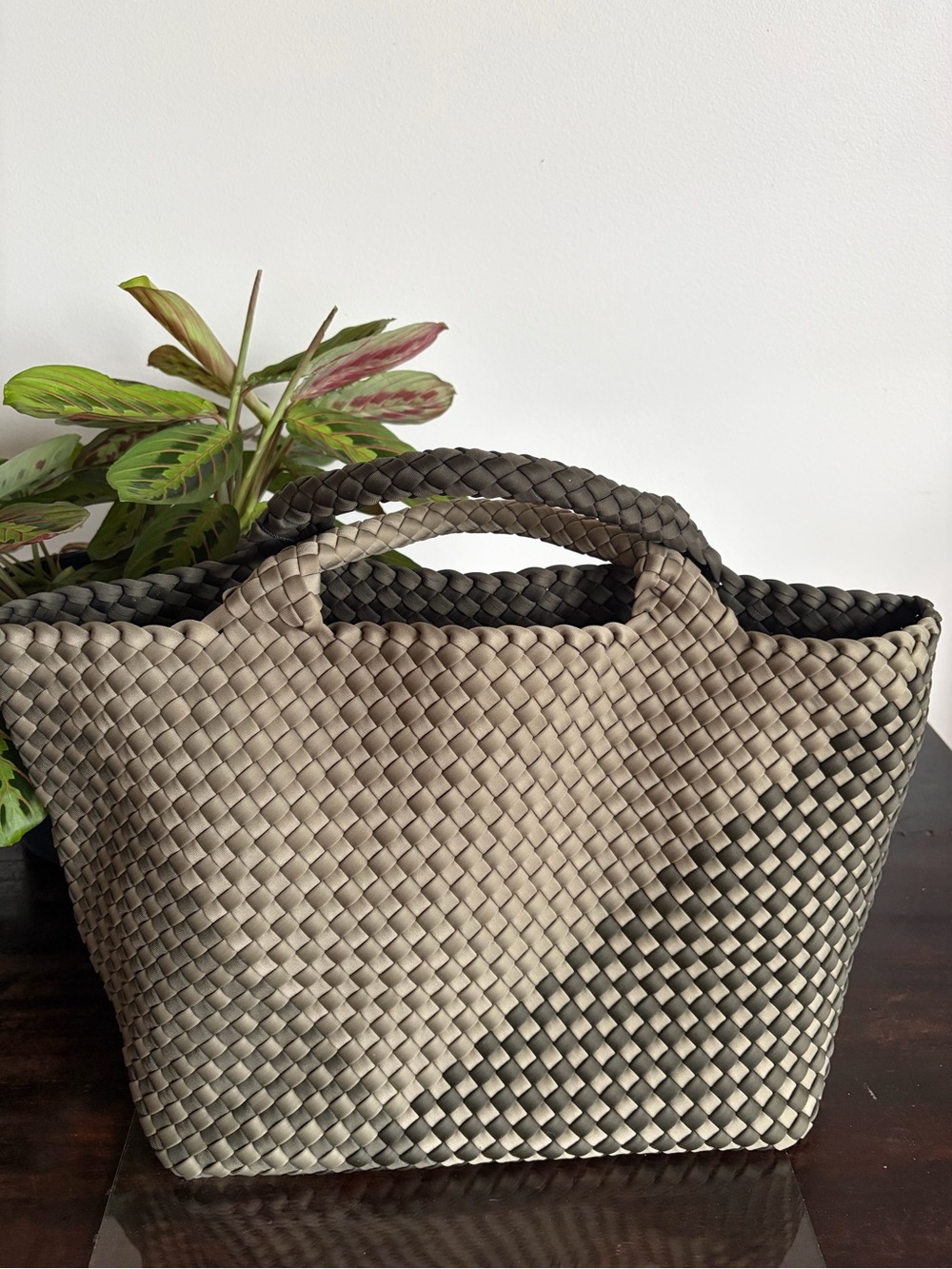 NWT Naghedi St Barths Medium neoprene tote. Graphic geo. Olive multi & dust bag